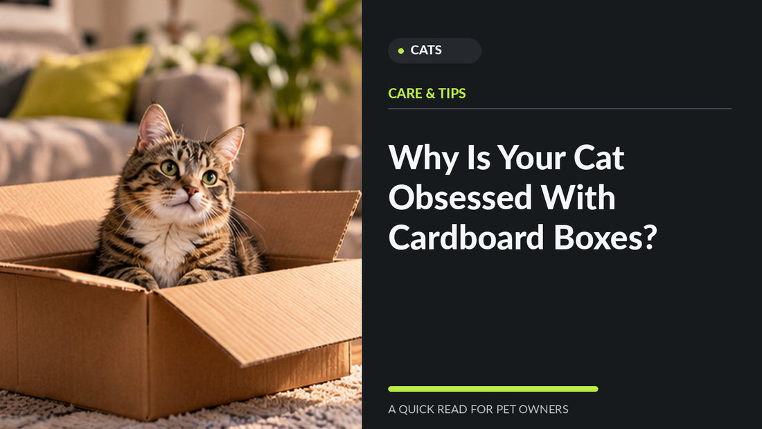 Tabby cat sitting comfortably inside a cardboard box in a warm living room