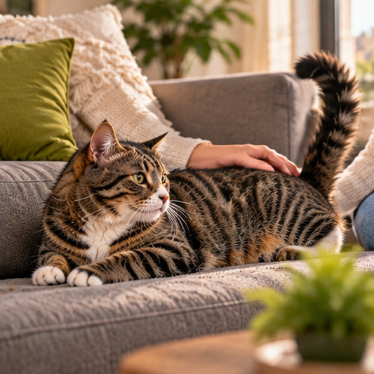 Relaxed tabby cat giving subtle body-language signals during gentle petting