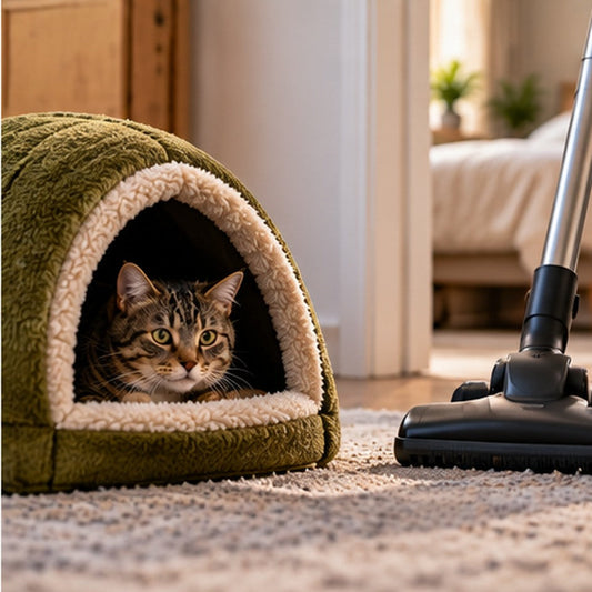 Tabby cat in a safe covered bed with a vacuum cleaner parked at a distance