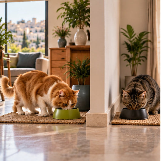 Two cats eating from separate bowls in different quiet spots in an apartment