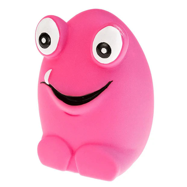 Pink cartoon-like creature with large eyes on a white background