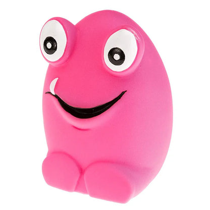 Pink cartoon-like creature with large eyes on a white background