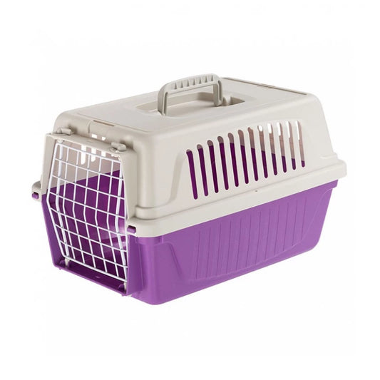 Pet carrier with purple base and beige top on a white background