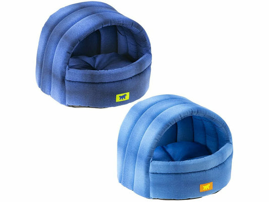 Two blue pet beds with a brand logo on a white background