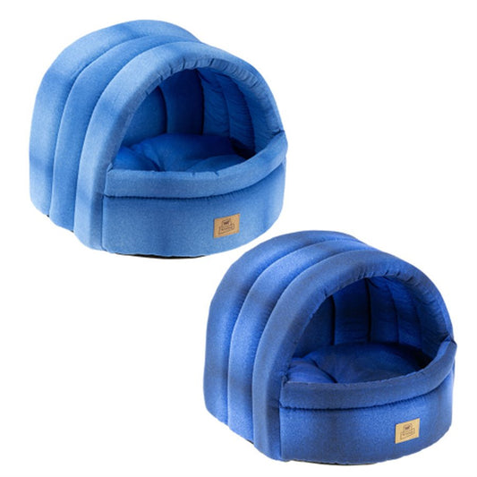 Two blue pet beds with a brand label on a white background