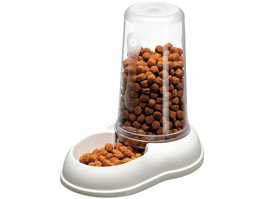 Pet food dispenser with kibble on a white background