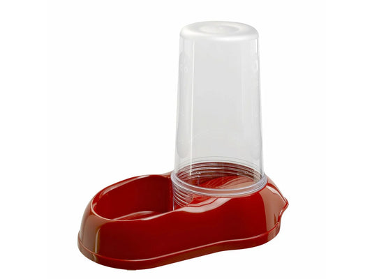 Red pet feeder with a clear container on a white background