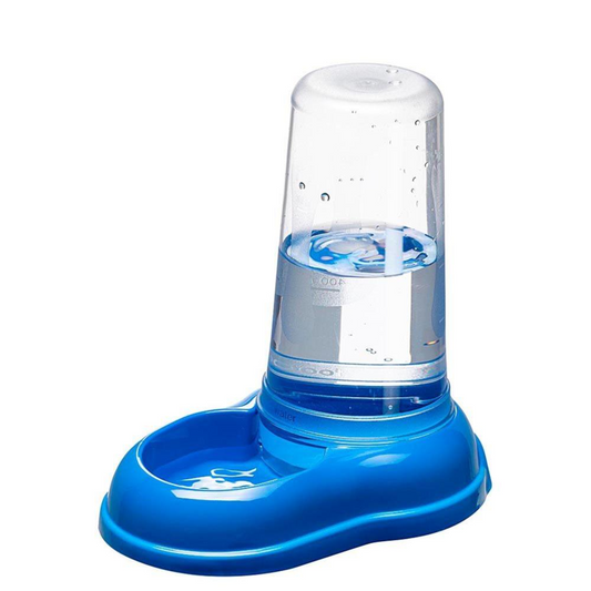 Blue and clear pet water dispenser on a white background