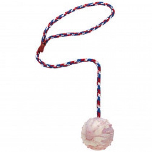 Pink pom-pom on a red, white, and blue rope against a white background