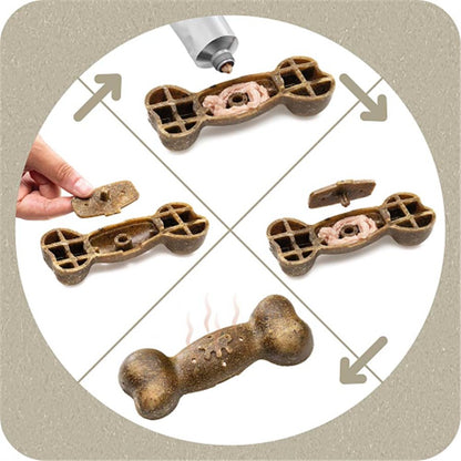 Dog treat mold being used to create bone-shaped treats with a hand holding one of the treats.