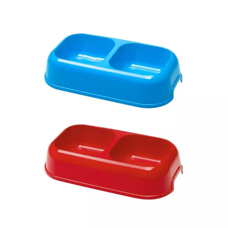 Blue and red plastic containers with compartments on a white background