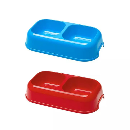 Blue and red plastic containers with compartments on a white background