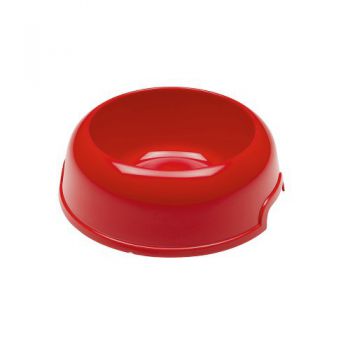 Red plastic pet bowl on a white background