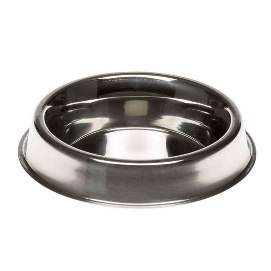 Stainless steel dog bowl on a white background