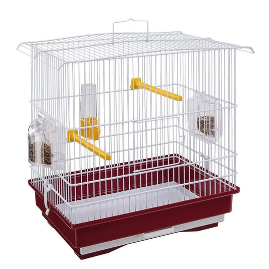Bird cage with a red bottom and white top on a white background