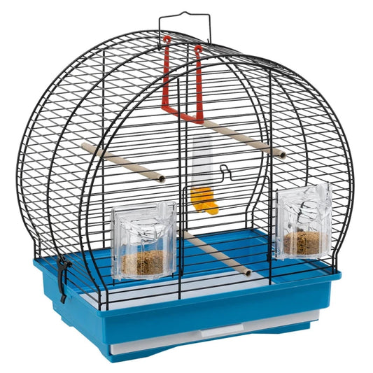 Bird cage with blue base and black wire structure on a white background