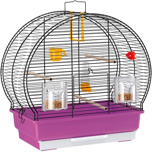 Bird cage with purple base and black wire top, featuring perches and toys.