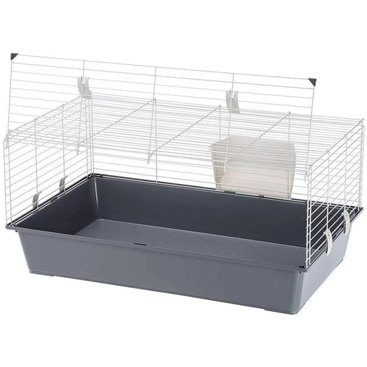 Pet cage with wire top and gray base on a white background