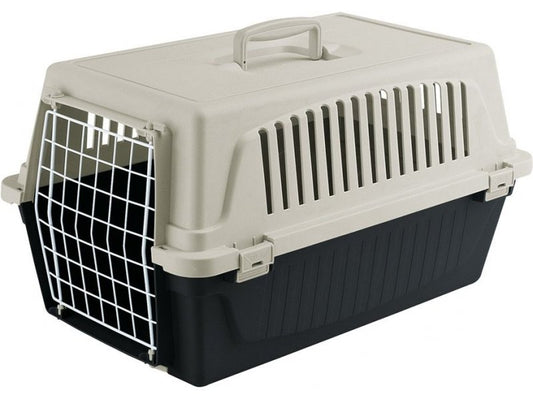 Pet carrier with beige top and black bottom on a white background