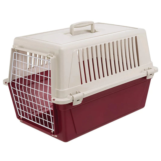 Pet carrier with a white top and red bottom on a white background