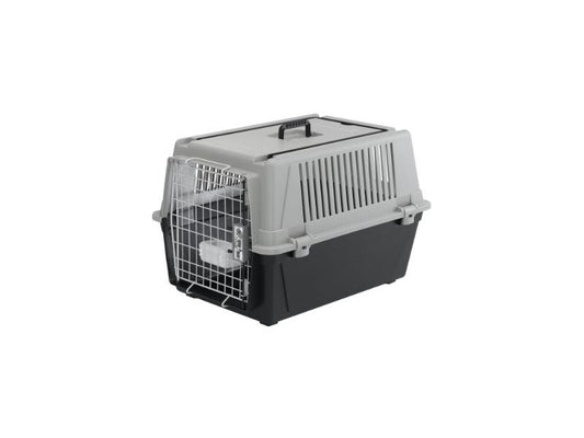 Pet carrier with a black base and gray top on a white background