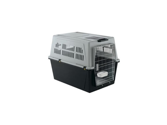 Pet carrier with a black bottom and gray top on a white background
