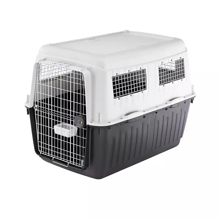 Pet carrier with a white top and black bottom on a white background