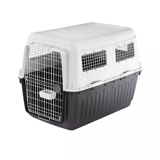Pet carrier with a white top and black bottom on a white background