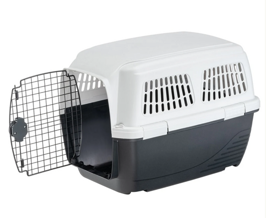 Pet carrier with open door on a white background