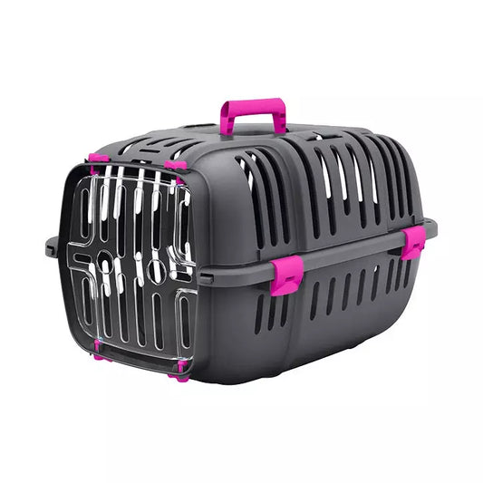 Gray pet carrier with pink accents on a white background