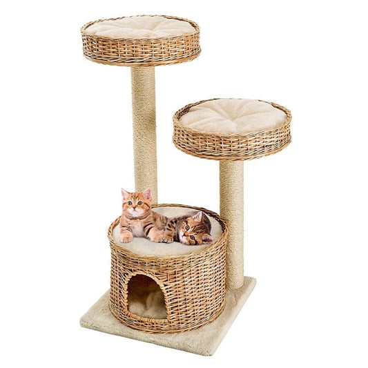 Wicker cat tree with two cats sitting on it against a white background