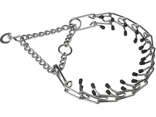 Metal chain with black plastic links on a white background
