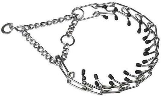 Metal chain collar with black plastic loops on a white background