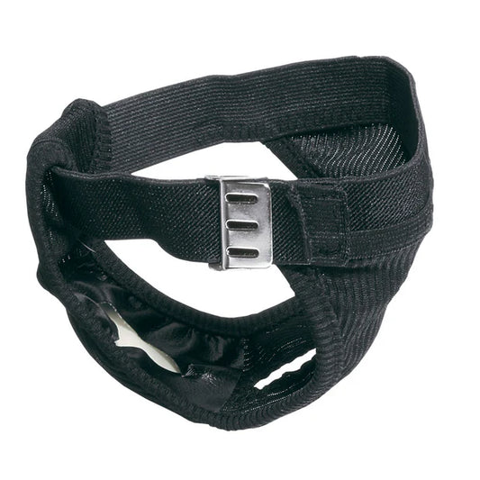 Black dog muzzle with a metal buckle on a white background