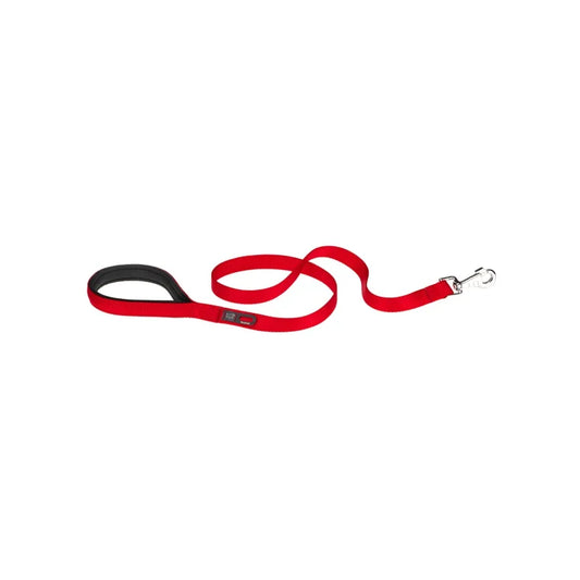 Red dog leash with a black handle on a white background