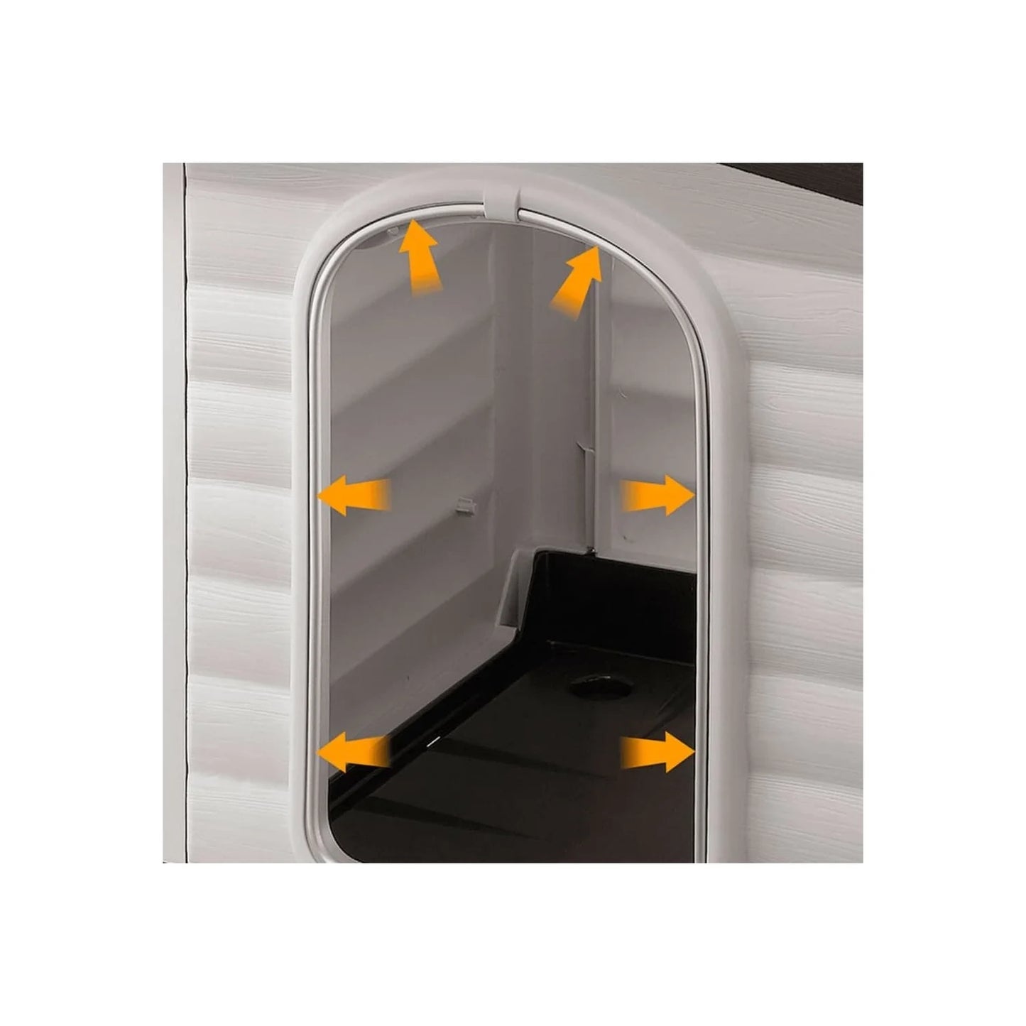 Close-up of a vehicle door panel with yellow arrows indicating areas of interest or assembly points.
