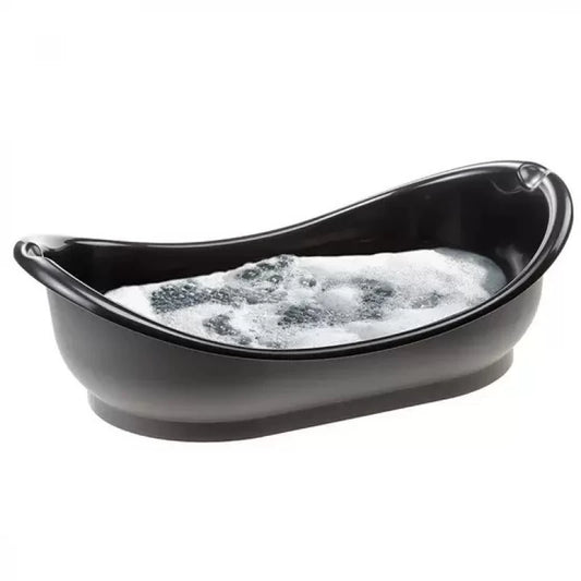 Black pet bathtub filled with water and bubbles on a white background