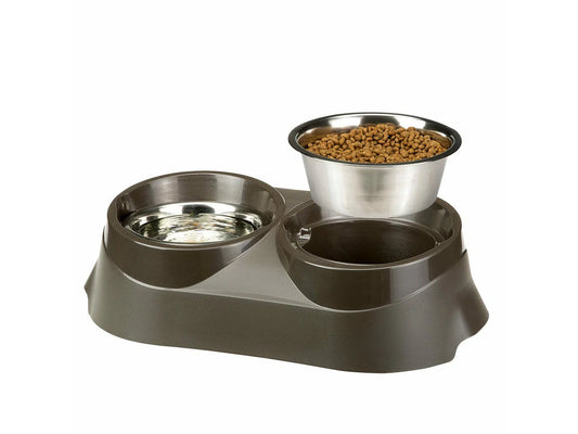 Pet feeding station with three bowls on a white background