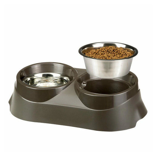 Pet feeding station with two bowls, one containing kibble, on a white background