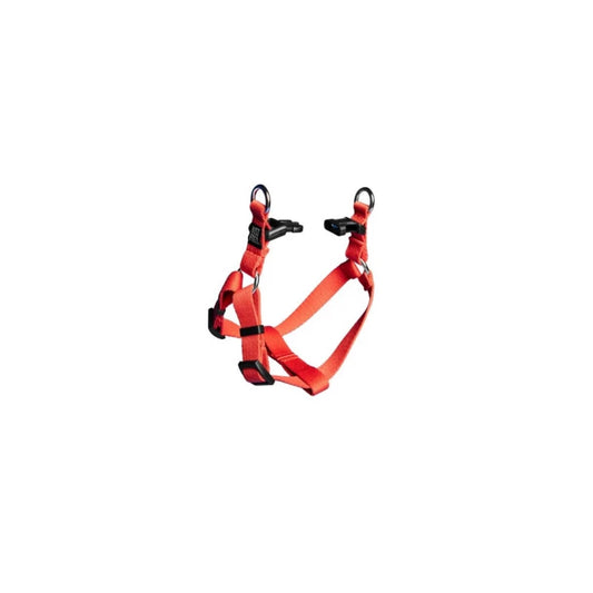 Red dog harness with black hardware on a white background