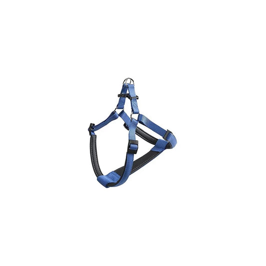 Blue and black dog harness on a white background