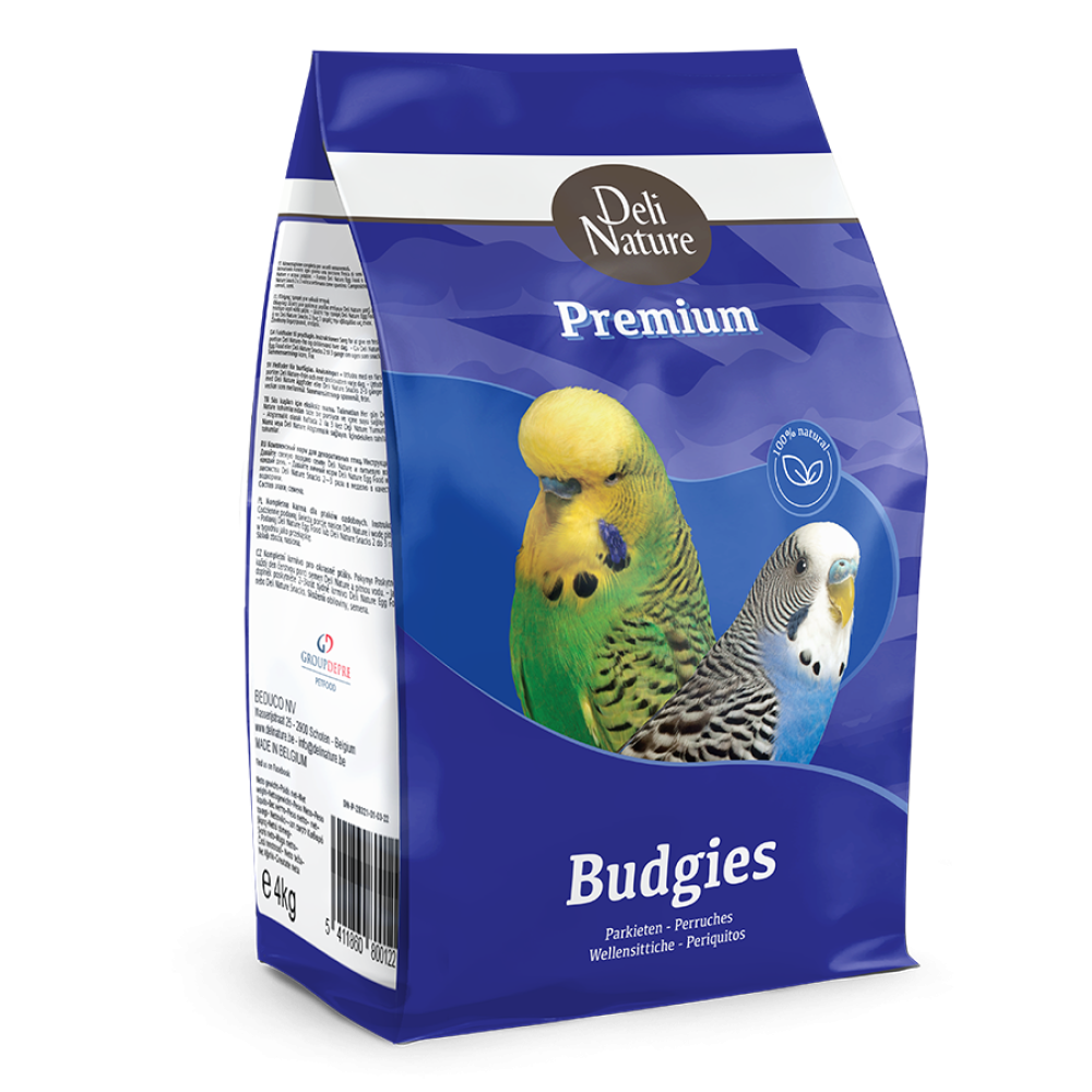 Blue package of Deli Nature Premium Budgies bird food with images of parakeets on a white background