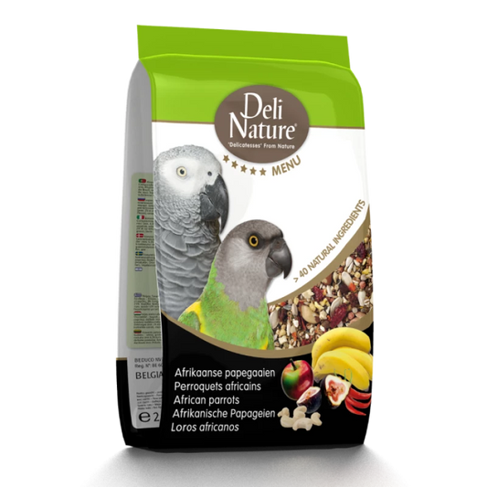Bag of Deli Nature African parrot food with parrot illustration on a white background