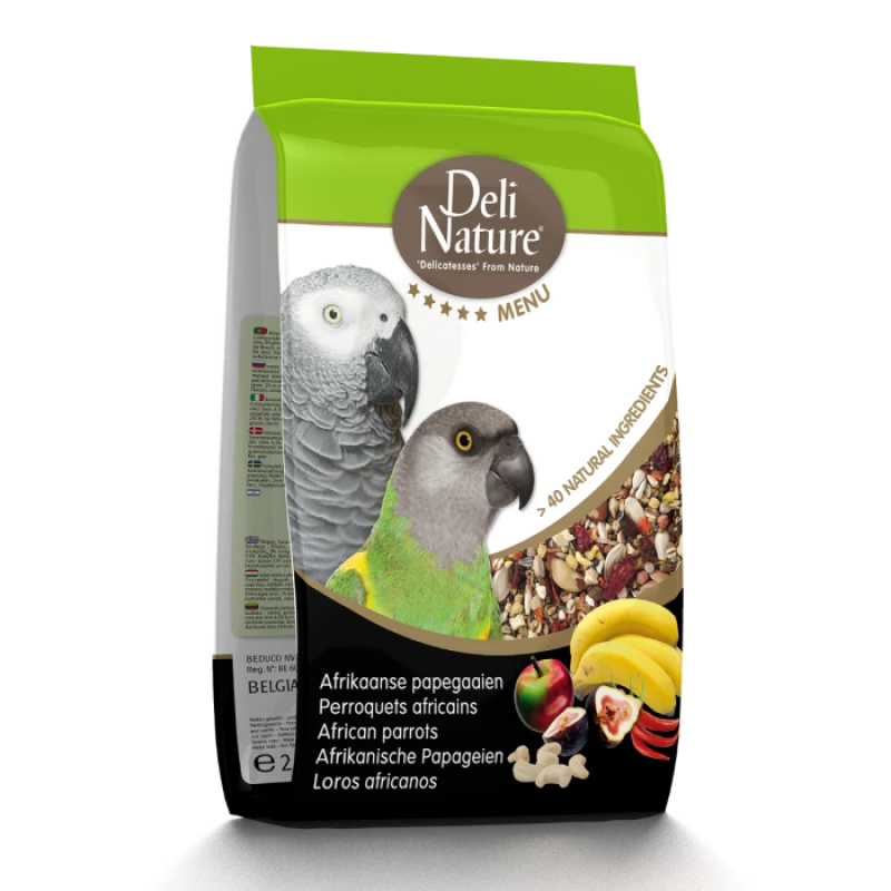 Bag of Deli Nature African parrot food with parrot illustration on a white background