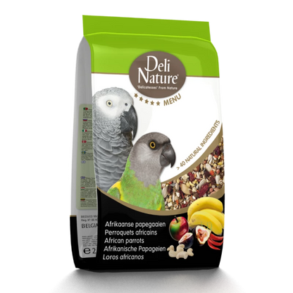 Bag of Deli Nature African parrot food with parrot illustration on a white background