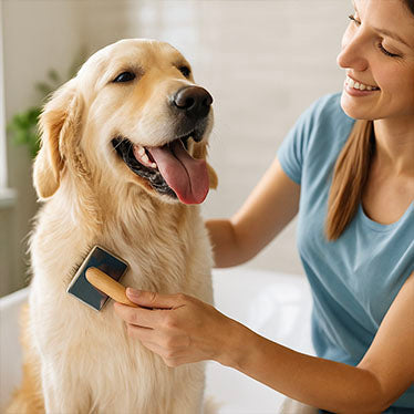 Woman brushing a golden retriever dog indoors