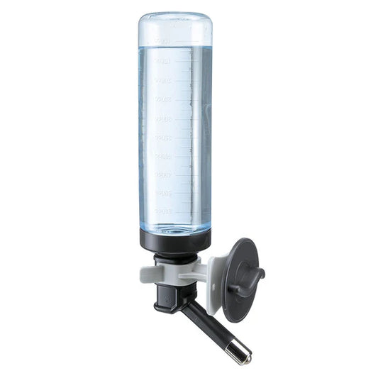 Clear water bottle with black nozzle on a white background
