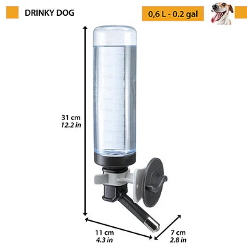 Transparent dog water bottle with black base and measurements on a white background, branded 'Drinky Dog'.