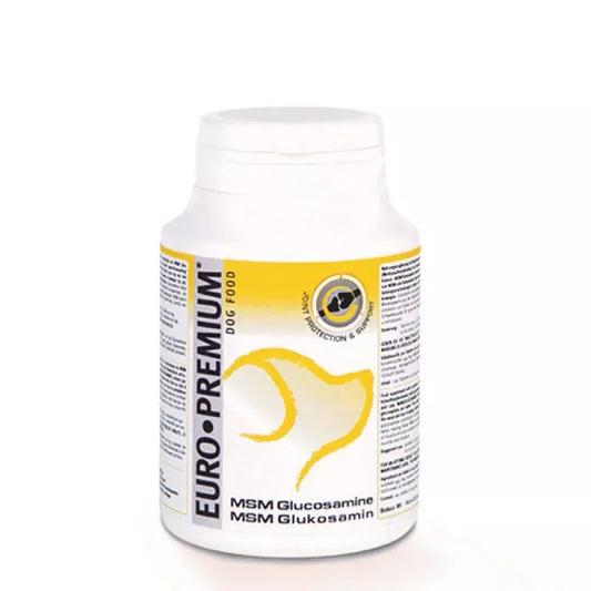 Bottle of Euro Premium MSM Glucosamine supplement on a white background