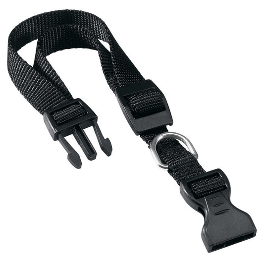 Black adjustable strap with plastic buckle on a white background